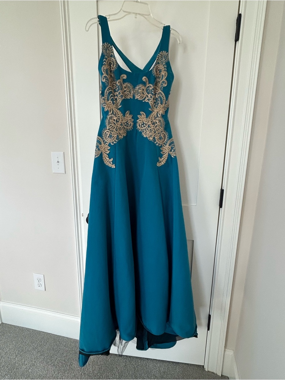 Teal Evening Gown with Gold Embroidery
